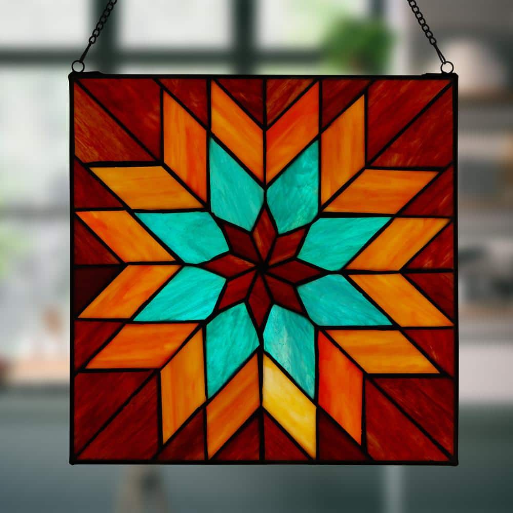 Bold Geometric Floral Stained Glass Window Panel in Red, Teal, and Orange