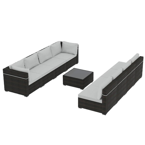 9-Piece Rattan Wicker Patio Conversation Seating Set with Coffee Table and Light Gray Cushions