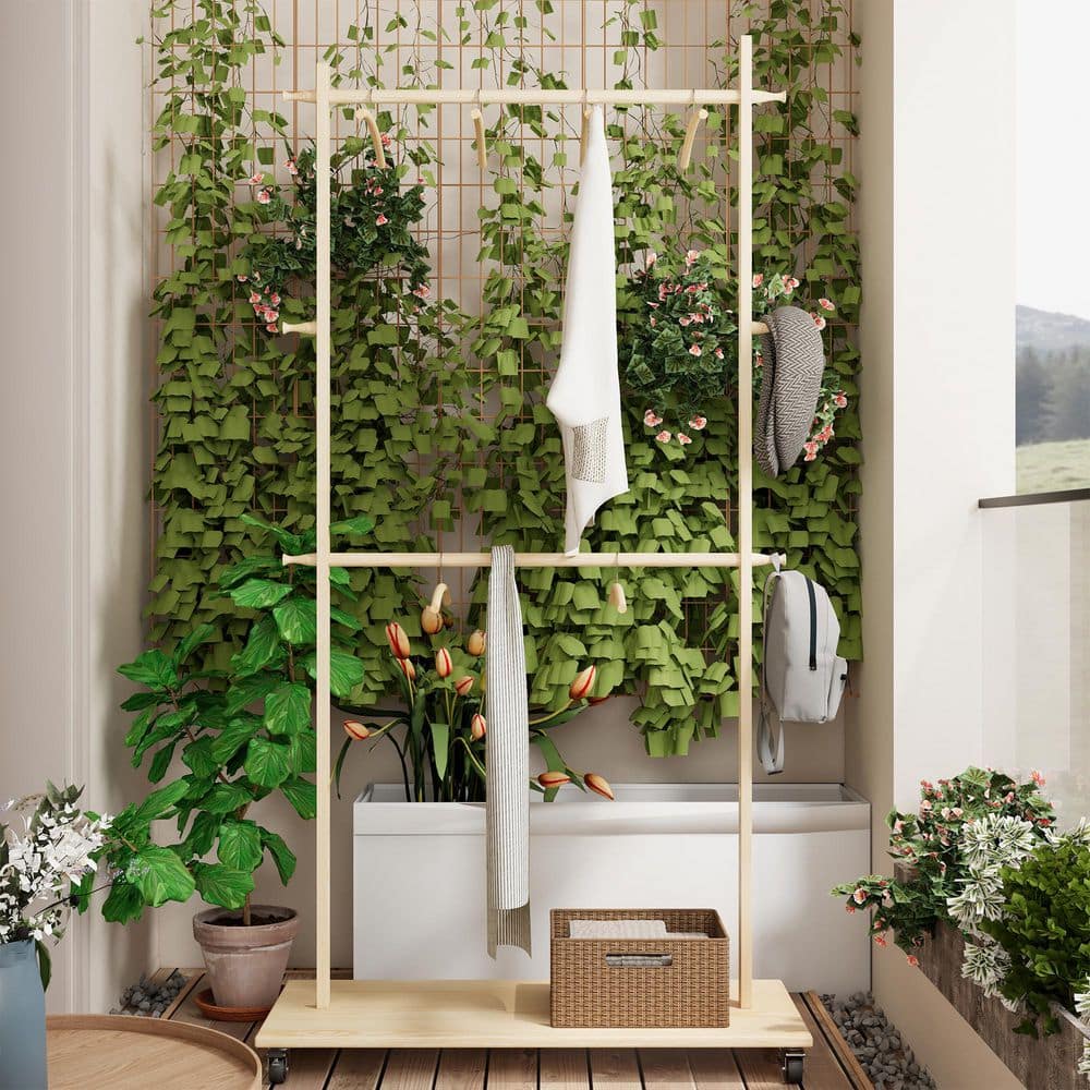 38.2 in. x 15.7 in. x 72.1 in. Solid Wood Modern Clothes Rack with 6 Wooden