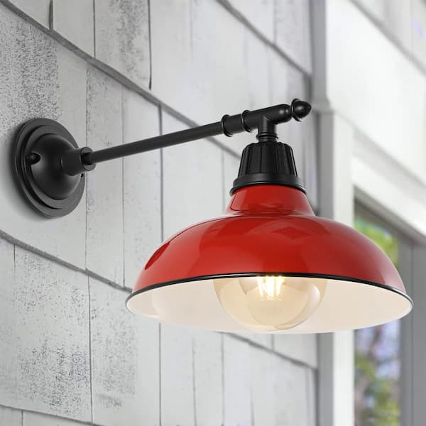 JONATHAN Y Wallace 12.25 in. Red 1-Light Farmhouse Industrial Indoor/Outdoor Iron LED Victorian Arm Outdoor Sconce