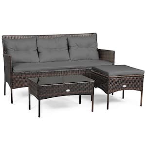3-Piece Wicker Outdoor Sectional Set with 5 Gray Seat and Back Cushions