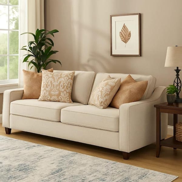 Benjara Leo 79.75 in. Recessed Slope Arms Woven Soft Chenille Fabric Rectangular Sofa in Beige