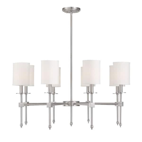 Savoy House 34 in. W x 17.5 in. H 8-Light Satin Nickel Chandelier with White Fabric Shades