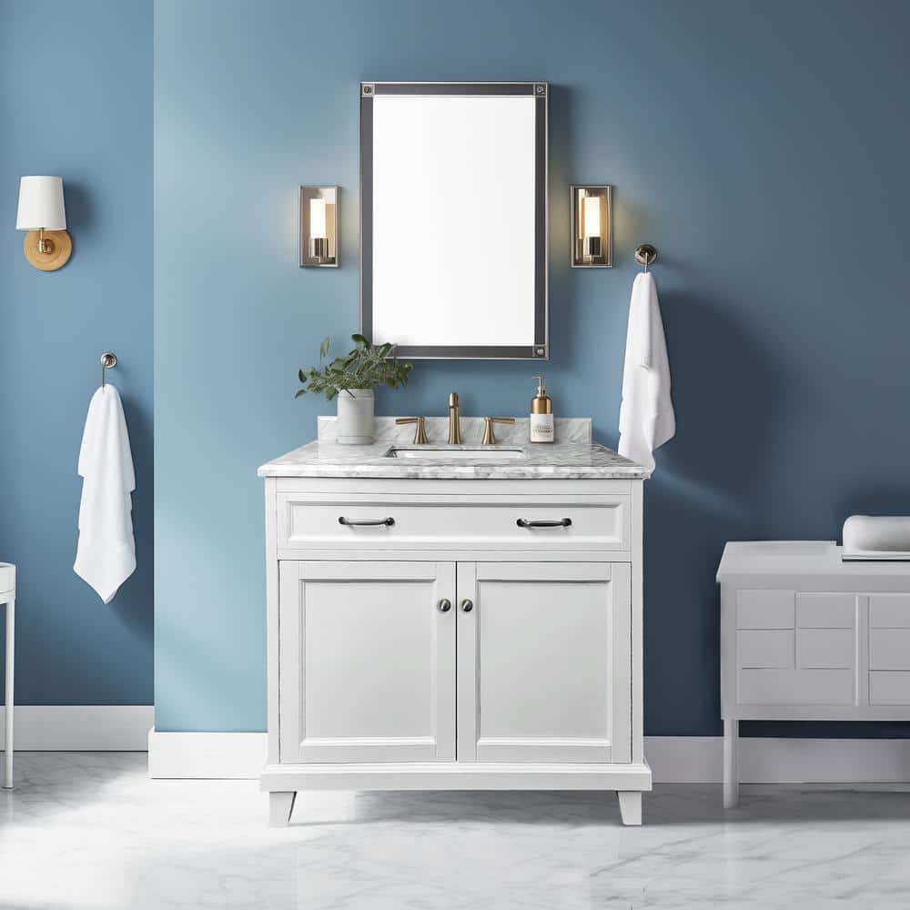 36" White Solid Wood Bathroom Vanity with Carrara Marble Top