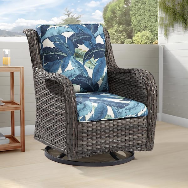 JOYSIDE Wicker Outdoor Rocking Chair Patio Swivel with Swaying Palms Sapphire Cushions