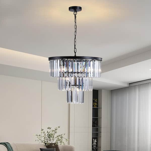 Unbranded 20 in. Modern Hanging Ceiling Light Fixture Semi Flush Mount 11-Light Chandelier with Black Crystal Shade