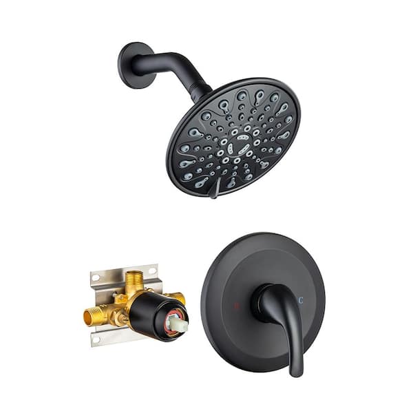 Unbranded Single Handle 6-Spray Patterns Wall Mount 6in. Round Shower Faucet 2.2 GPM w/High Pressure and Pressure Balance in Black