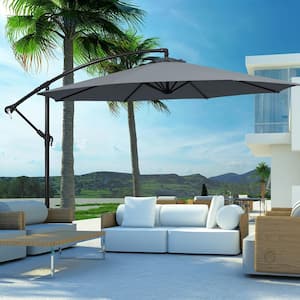 10 ft. Offset 8 Ribs Metal Cantilever Patio Umbrella with Crank for Poolside Yard Lawn Garden in Grey