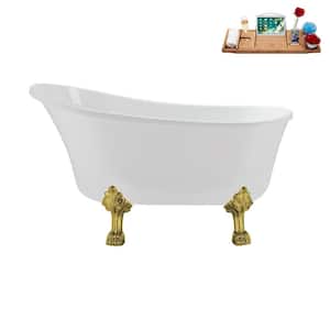 51 in. x 25.6 in. Acrylic Clawfoot Soaking Bathtub in Glossy White with Polished Gold Clawfeet and Matte Pink Drain