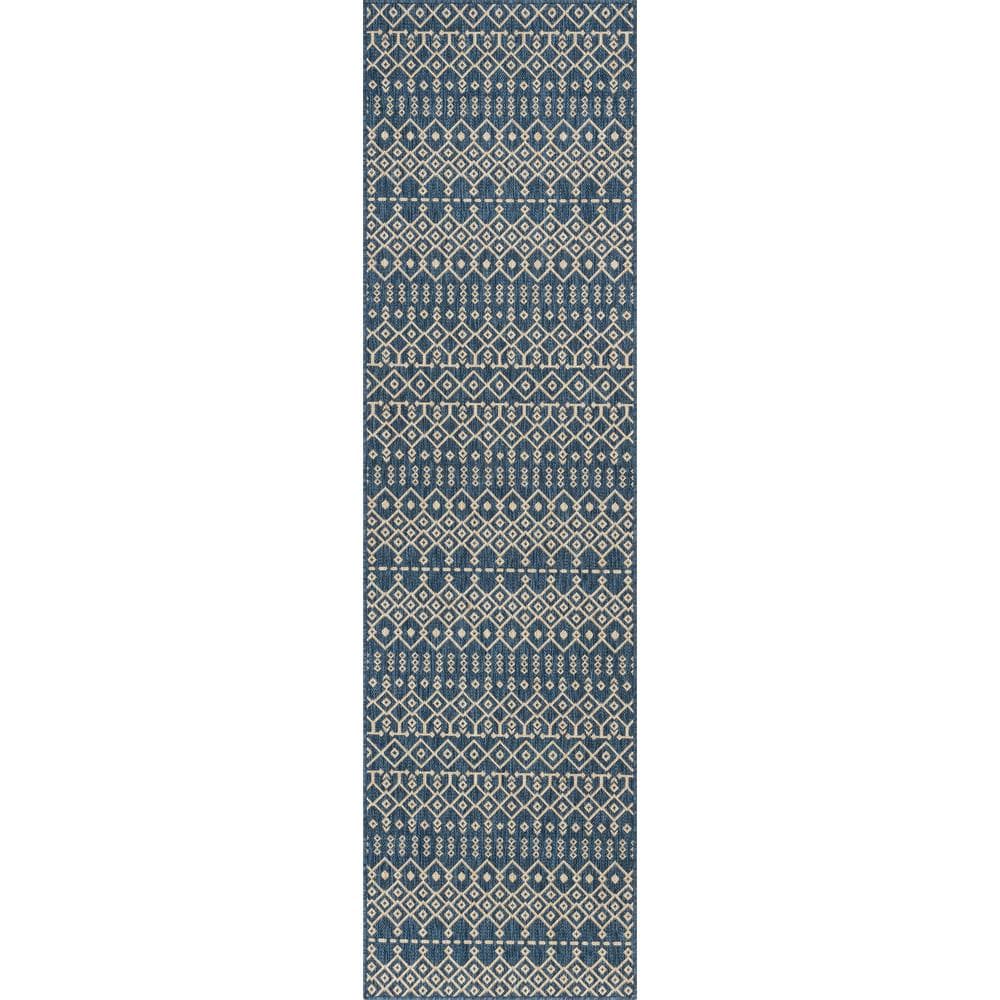 Nordic Blue and Beige Synthetic Flat-Weave Runner Rug