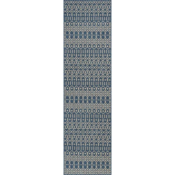 Well Woven Medusa Nord Blue 2 ft. 3 in. x 7 ft. 3 in. Moroccan Tribal Indoor Outdoor Distressed Runner Rug Flat Weave