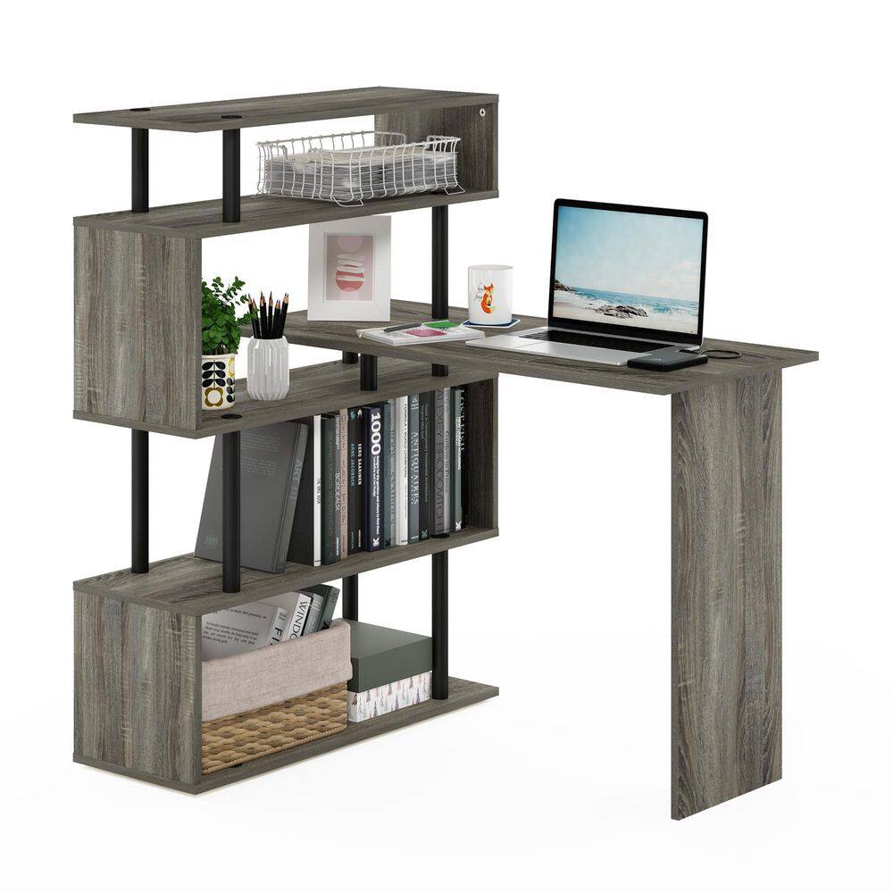 MOORE 39.37 in. L-Shaped Grey Oak/Black Wood Desk with 5-Tier Shelves