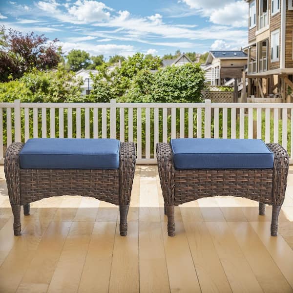moosprr Modern Farmhouse Brown Wicker Outdoor Ottoman with Blue Cushions for Patio Furniture PE Resin Footrest (Set of 2)