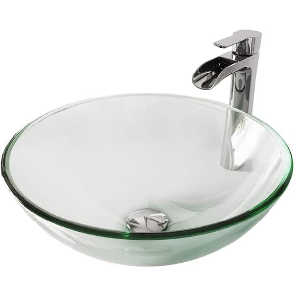 VIGO Glass Round Vessel Bathroom Sink in Iridescent with Niko Faucet and Pop-Up Drain in Chrome