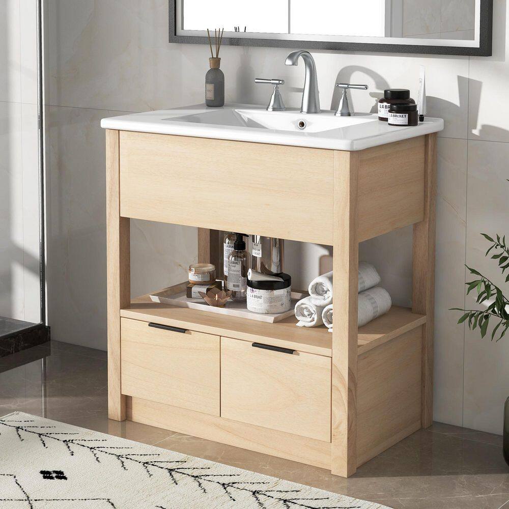 30 in. Single Sink Freestanding Natural Wood Bath Vanity with White Ceramic Top, Open Shelf and 2 Drawers price history on PriceWatchPro