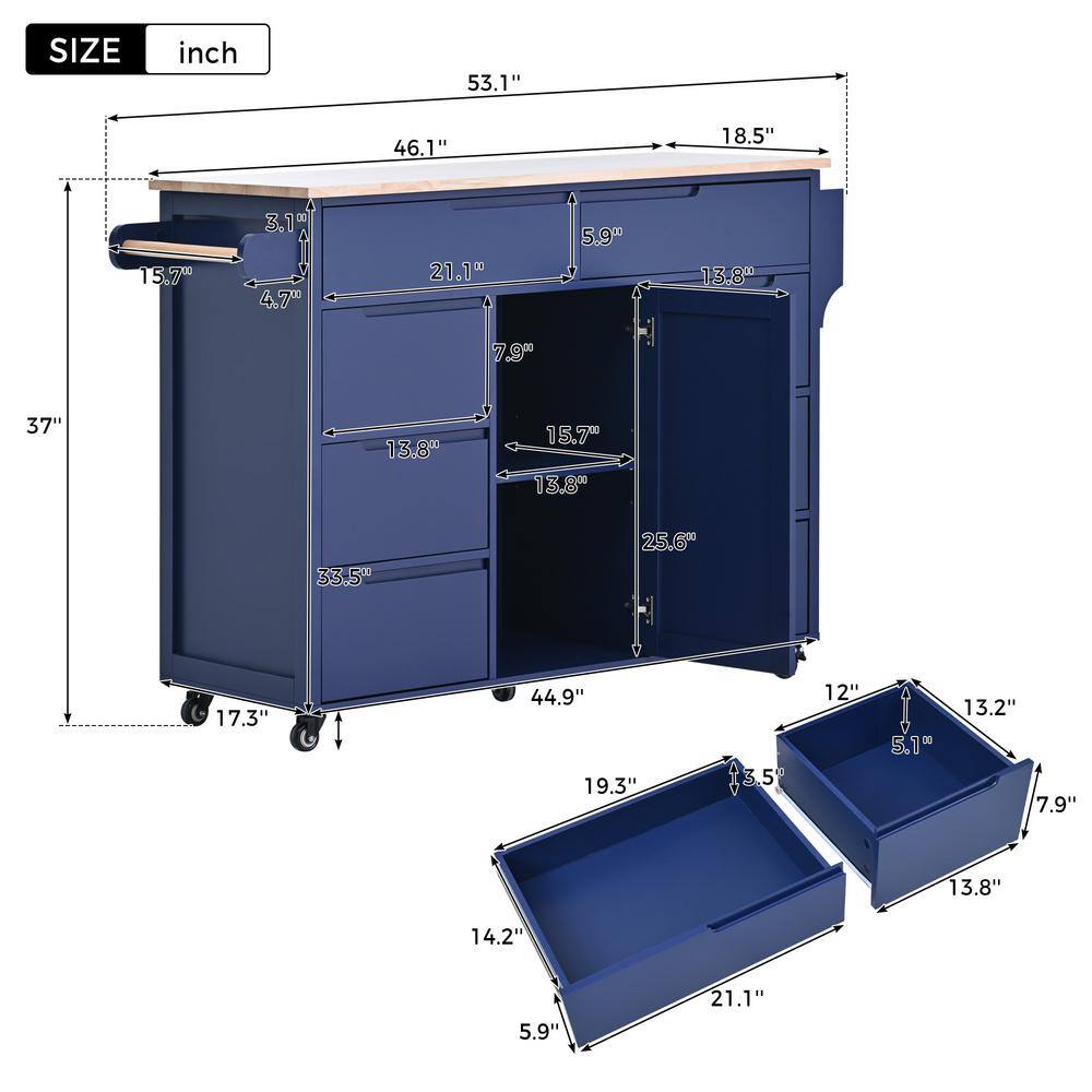 Blue Rubber Wood MDF Kitchen Cart with Spice Rack and Locking Wheels - thumbnail 7