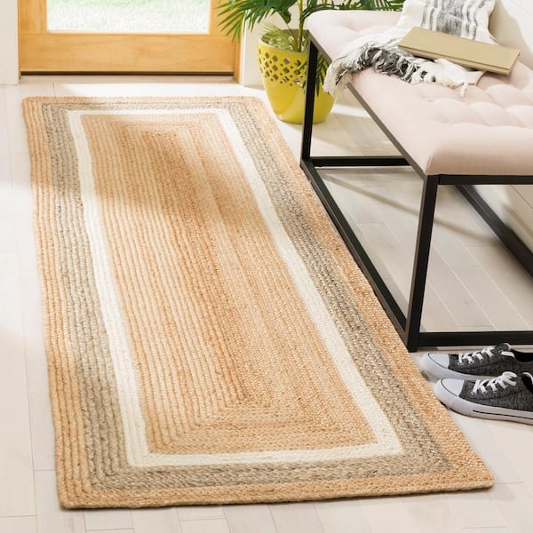 Natural Fiber Beige/Gray/Ivory 3 ft. x 12 ft. Woven Border Runner Rug