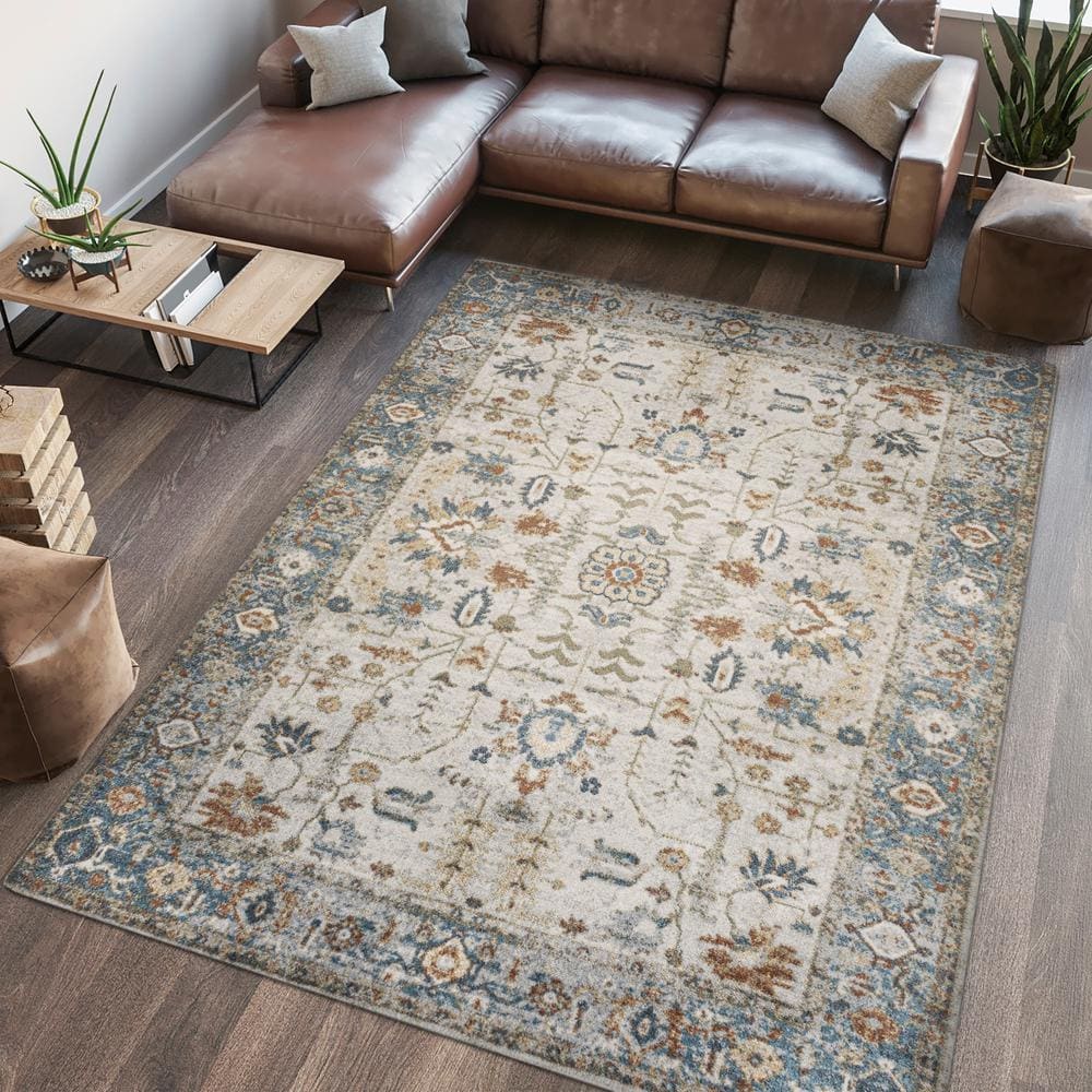 Hiero Cream and Terra Persian Border 8' x 10' Washable Rug