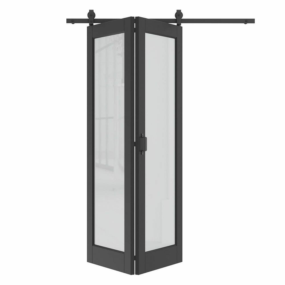 60 in. x 80 in. 1 Lite Tempered Frosted Glass Black Primed MDF Bifold Sliding Barn Door with Hardware Kit price history on PriceWatchPro