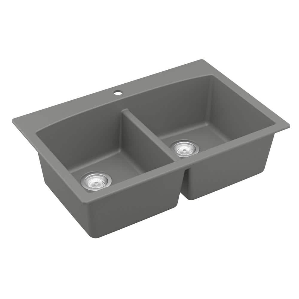 Gray Quartz 33'' Double Bowl Farmhouse Kitchen Sink Kit