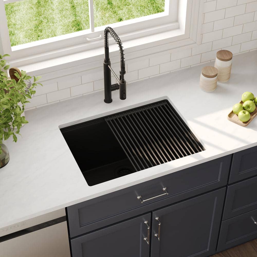 25" Black Quartz Composite Single Bowl Drop-In Kitchen Sink with Accessories