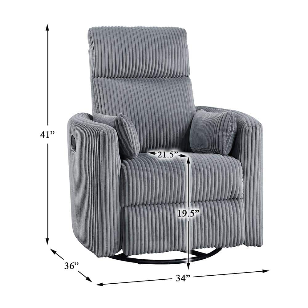 Gray Corduroy Swivel Glider Recliner with Wood Accents