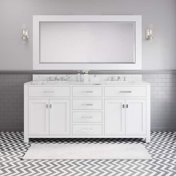 Water Creation Madison 72in.Wx21.5in.Dx34in.H Double Sink Bath Vanity in Pure White with Carrara White Marble Top, Faucets and Mirror