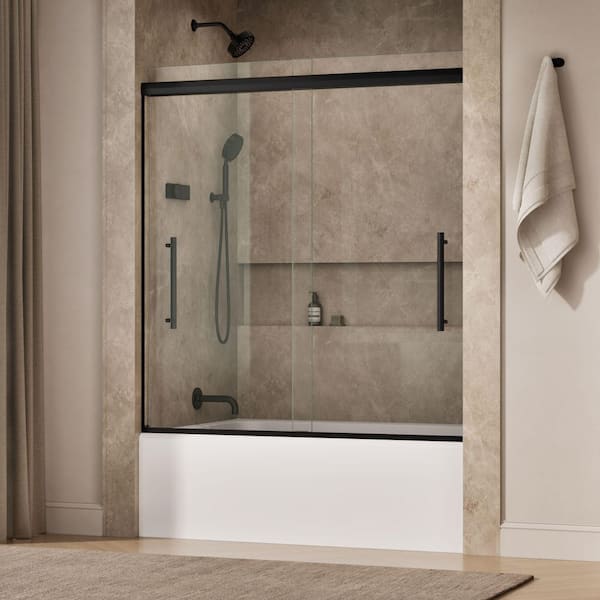 Pleat 55-60 in. x 64 in. Frameless Sliding Bathtub Door in Matte Black with Clear Tempered Glass