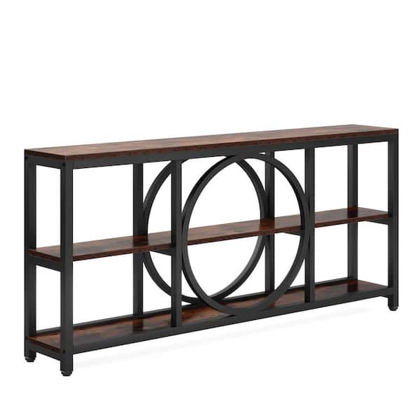 BYBLIGHT Turrella 70.9 in. Black Brown Long Rectangle Wood Console Table with 3 Tier Wood Storage Shelves Industrial Metal Frame