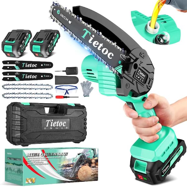6 in Cordless Mini Chainsaw Auto Oiler Green 2-Battery Kit