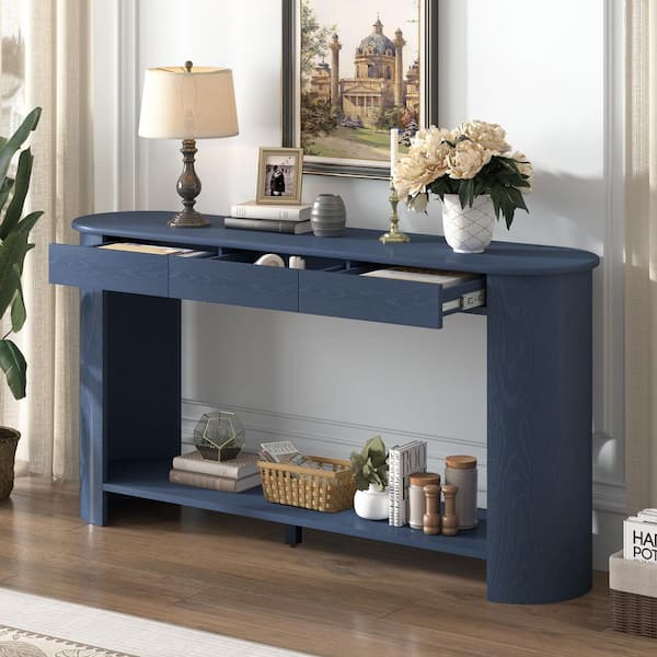 Noreva Modern Rustic 59.8 in. Navy Blue Wood Grain Oval MDF Entryway Console Table with Drawers and Shelf