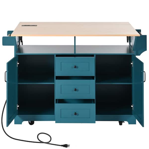 grossag Blue Wood 55.7 in. Large Kitchen Island with 2 Drop Leaf, with Spice & Towel Rack, 2 AC Outlets and 2 USB Ports