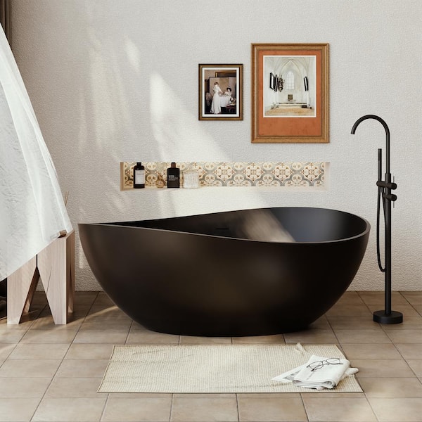 VANITYFUS 63 in. x 37 in. Stone Resin Solid Surface Non-Slip Freestanding Soaking Bathtub with Brass Drain and Hose in Matte Black
