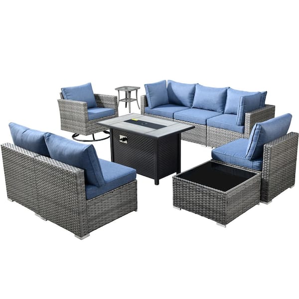 Sanibel Gray 10-Piece Wicker Patio Conversation Sofa Set with a Swivel Chair, a Metal Fire Pit and Denim Blue Cushions