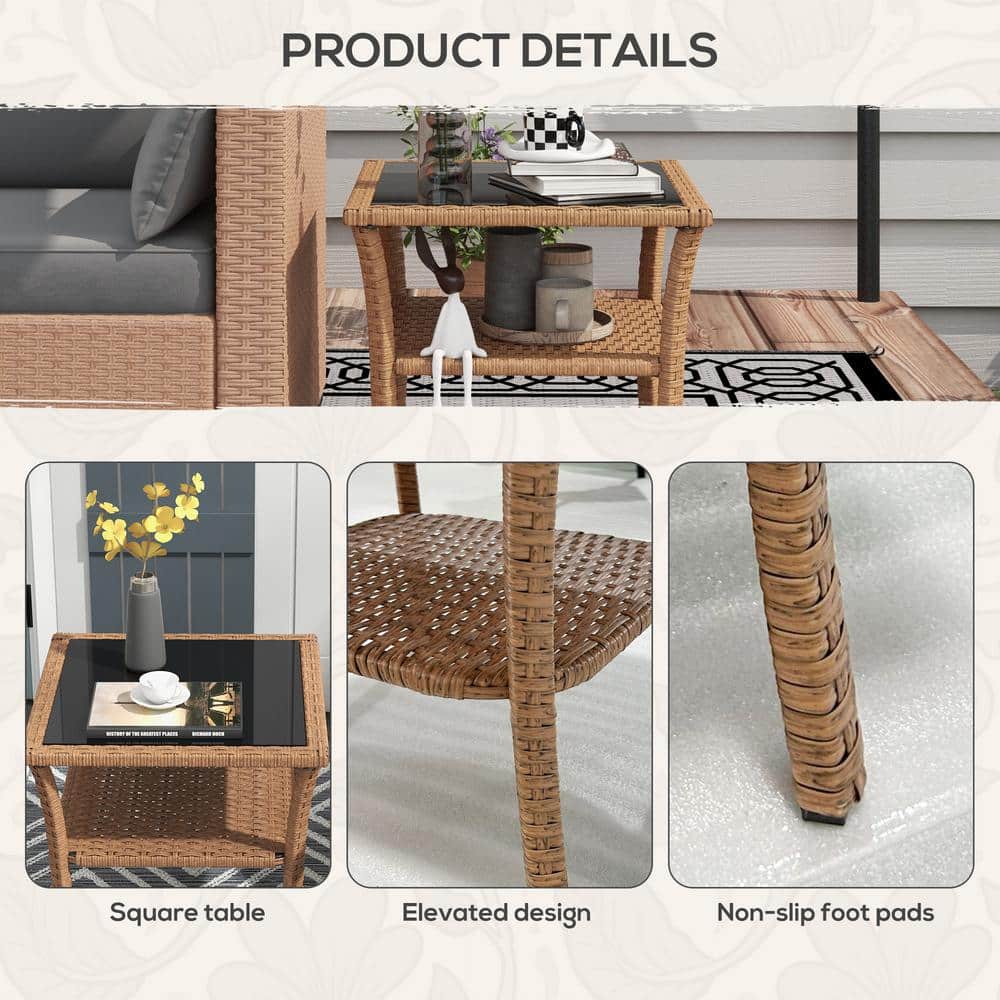 Sand Wicker and Glass 2-Tier Patio Coffee Table