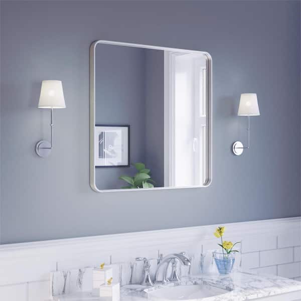 30 in. W x 30 in. H Rectangular Aluminum Framed Modern Silver Rounded Wall Mirror
