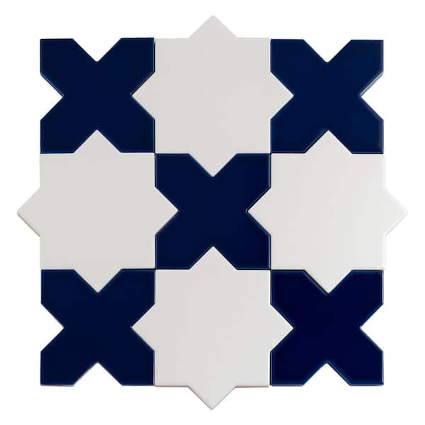 Siena 5.4 in. x 5.4 in. Pearl White Star Cobalt Blue Cross Glossy Ceramic Wall Floor Tile(10.76 sq. ft./case, 54 Pack)