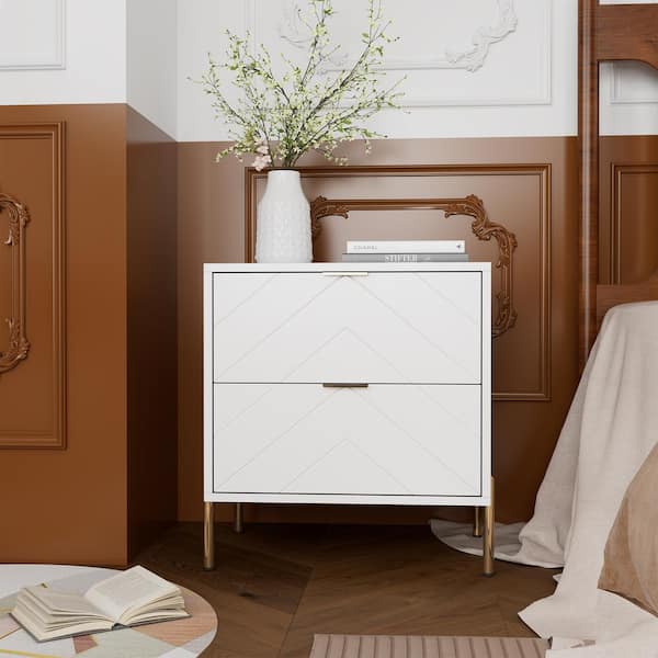 Modern White MDF 2-Drawer Nightstand with Chrome Legs and Smooth Gliding Drawers for Bedroom Storage