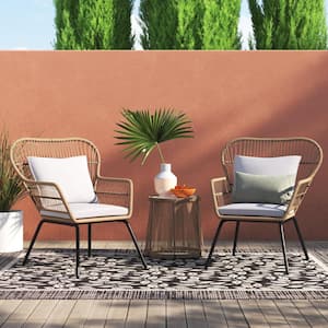 3 Piece Outdoor Wicker Modern Patio Table and 2-Chairs Cushion Bistro Set - Beige