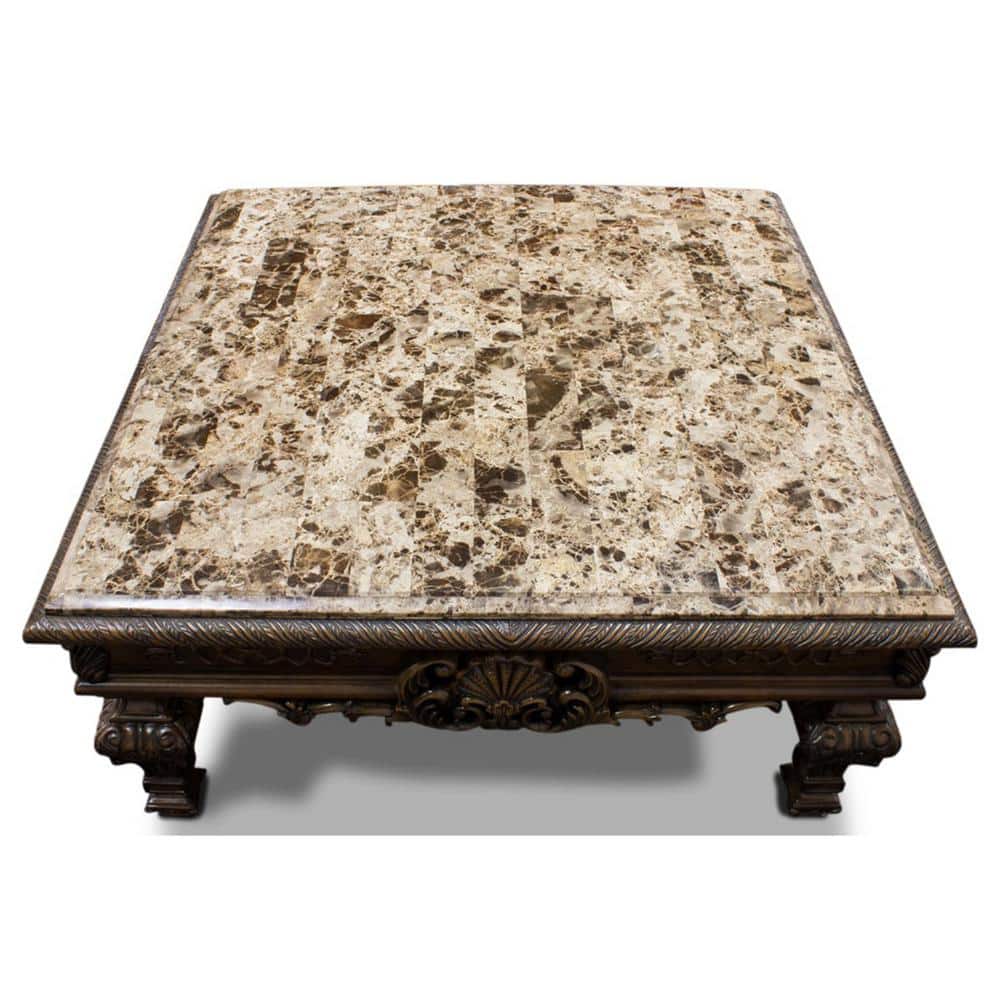 Cherry Wood and Faux Marble Square Coffee Table