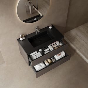 30 in. W Single Sink Floating Bath Vanity in Dark Walnut with Black Acrylic Top and 2-Drawers, Sink Hole Cover and Drain