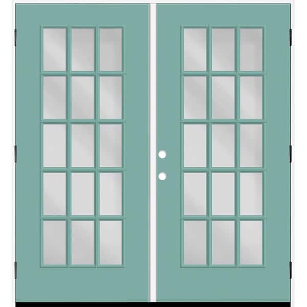 Steves & Sons Reliant 64 in. x 80 in. Full Lite 15L-SDL Clear Glass LHOS Quarry Finish Fiberglass Double Prehung Front Door 6 in. Jamb