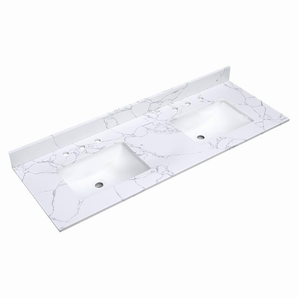 YASINU Alaski 61 in. W x 22 in. D Cultured Marble Vanity Top in Carrara Arabescato with White Rectangular Double Sink