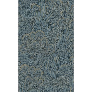 Blue/Gold Embossed Leaves and Trees Tropical Print Non-Woven Non-Pasted Textured Wallpaper 57 sq. ft.