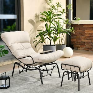 Mono Metal Patio Lounge Outdoor Rocking Chair with an Ottoman and Beige Cushions