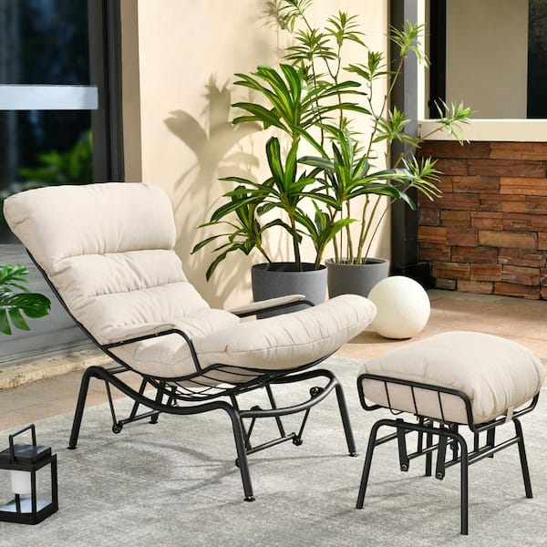 HOOOWOOO Mono Metal Patio Lounge Outdoor Rocking Chair with an Ottoman and Beige Cushions