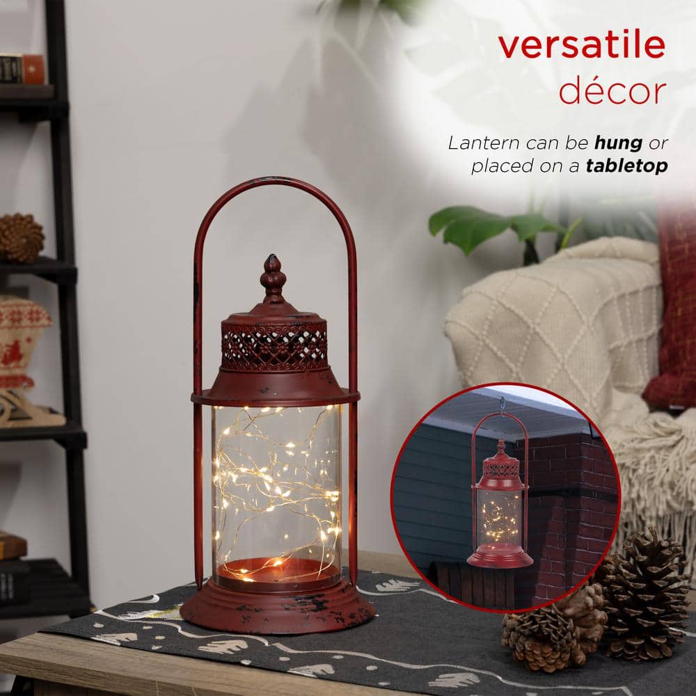 Red Antique Metal and Glass Lantern with Warm LED Lights