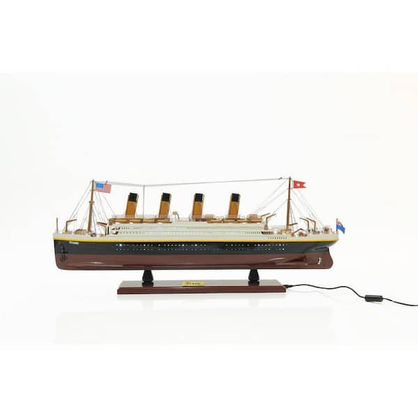 HomeRoots Wood Black and White Hand Painted Titanic Lights Boat Decorative Sculpture