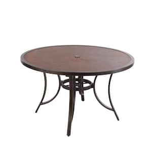Brown 48 in. Round Aluminum Outdoor Dining Table with Tempered Glass Tabletop