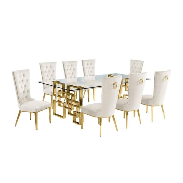 Best Quality Furniture Dominga 9-Piece Rectangular Glass Top Gold Stainless Steel Dining Set with 8 Cream Velvet Gold Stainless Steel Chair
